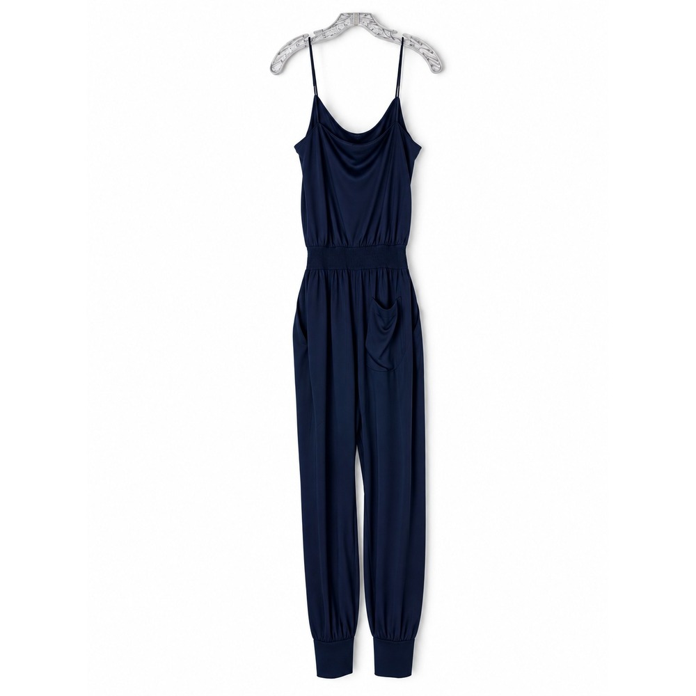 Theory Navy Silk Jumpsuit Cowl Neck Spaghetti Strap Jogger Draped Minimalist